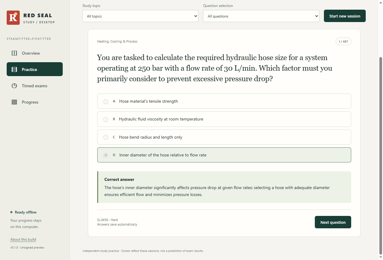 A practice question in the Windows app with multiple choice answers